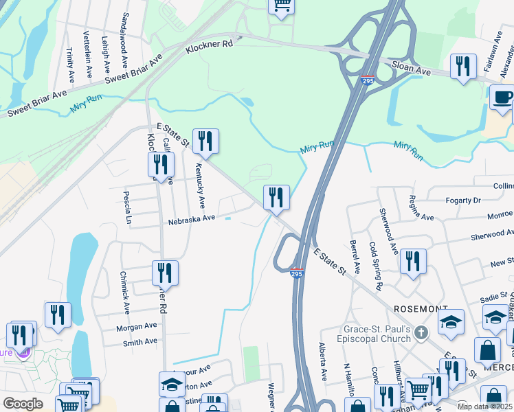 map of restaurants, bars, coffee shops, grocery stores, and more near 197 Nebraska Avenue in Hamilton Township