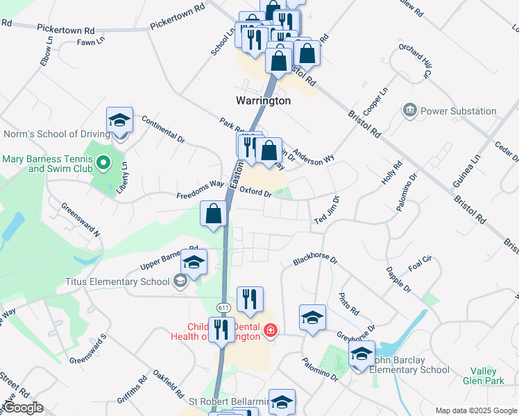 map of restaurants, bars, coffee shops, grocery stores, and more near 2278 Pileggi Road in Warrington