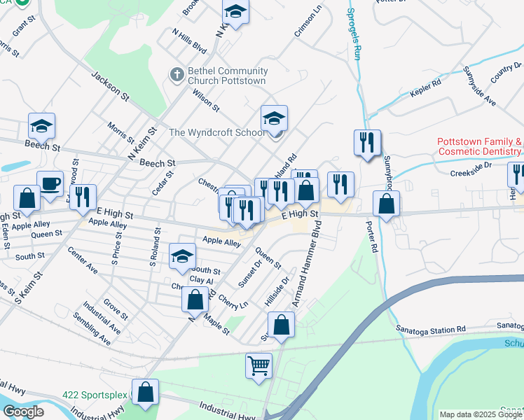 map of restaurants, bars, coffee shops, grocery stores, and more near 206 Highland Road in Pottstown