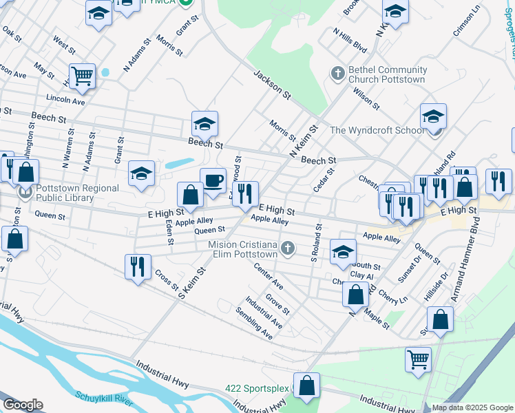 map of restaurants, bars, coffee shops, grocery stores, and more near 1039 Apple Alley in Pottstown
