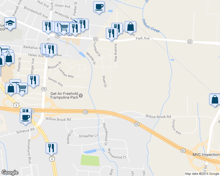 map of restaurants, bars, coffee shops, grocery stores, and more near 97 Stuart Drive in Freehold