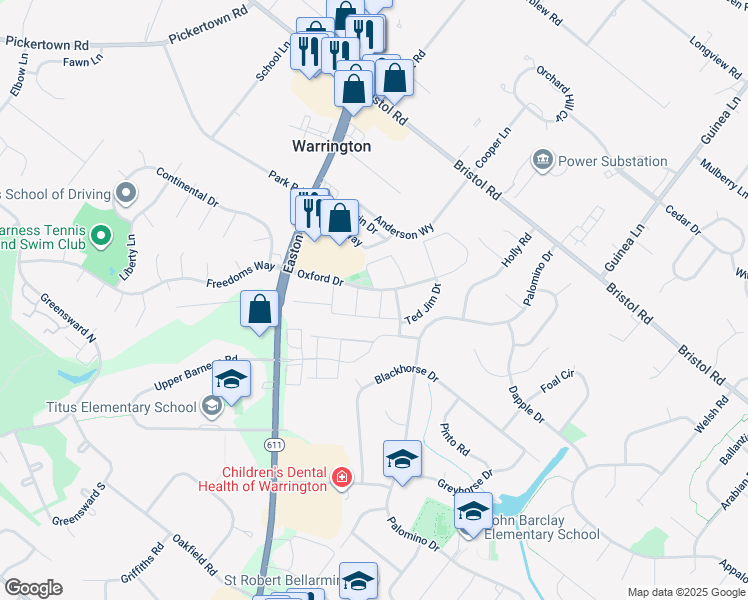map of restaurants, bars, coffee shops, grocery stores, and more near 1106 Joseph Road in Warrington