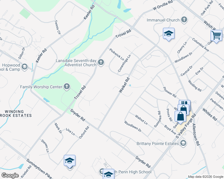 map of restaurants, bars, coffee shops, grocery stores, and more near 888 Weikel Road in Lansdale