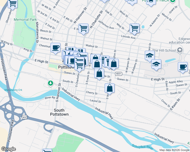 map of restaurants, bars, coffee shops, grocery stores, and more near 375 New Street in Pottstown
