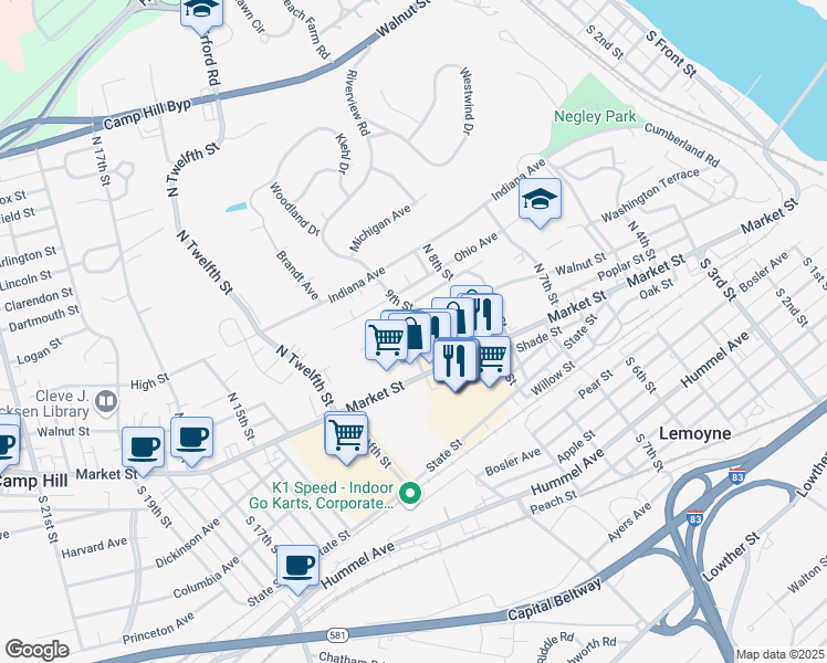 map of restaurants, bars, coffee shops, grocery stores, and more near 36 North 10th Street in Lemoyne