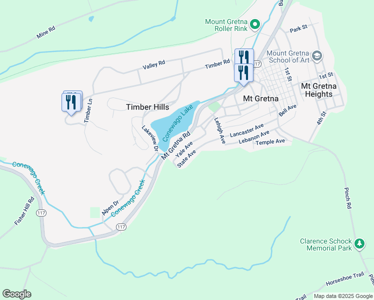 map of restaurants, bars, coffee shops, grocery stores, and more near 416 Yale Avenue in Mount Gretna