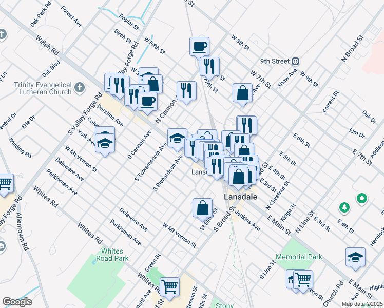 map of restaurants, bars, coffee shops, grocery stores, and more near 408 West Main Street in Lansdale