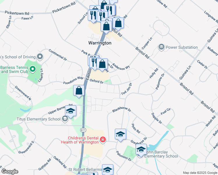 map of restaurants, bars, coffee shops, grocery stores, and more near 1107 Vincent Road in Warrington