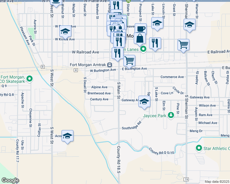 map of restaurants, bars, coffee shops, grocery stores, and more near 304 Landmark Drive in Fort Morgan
