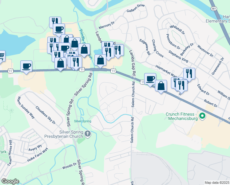 map of restaurants, bars, coffee shops, grocery stores, and more near 6304 Creekbend Drive in Cumberland County