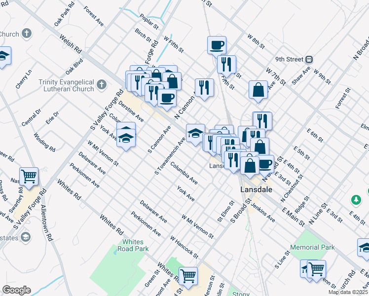 map of restaurants, bars, coffee shops, grocery stores, and more near 531 Derstine Avenue in Lansdale