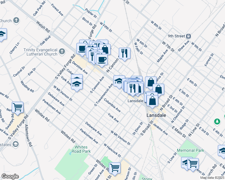 map of restaurants, bars, coffee shops, grocery stores, and more near 531 Derstine Avenue in Lansdale