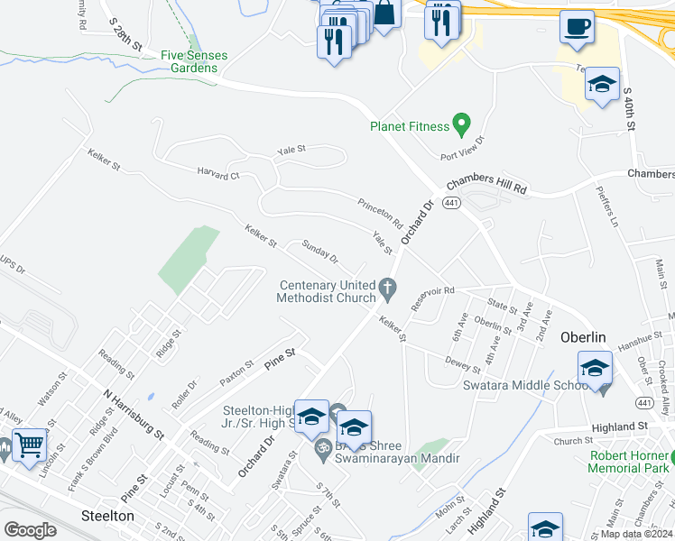 map of restaurants, bars, coffee shops, grocery stores, and more near 475 Sunday Drive in Harrisburg