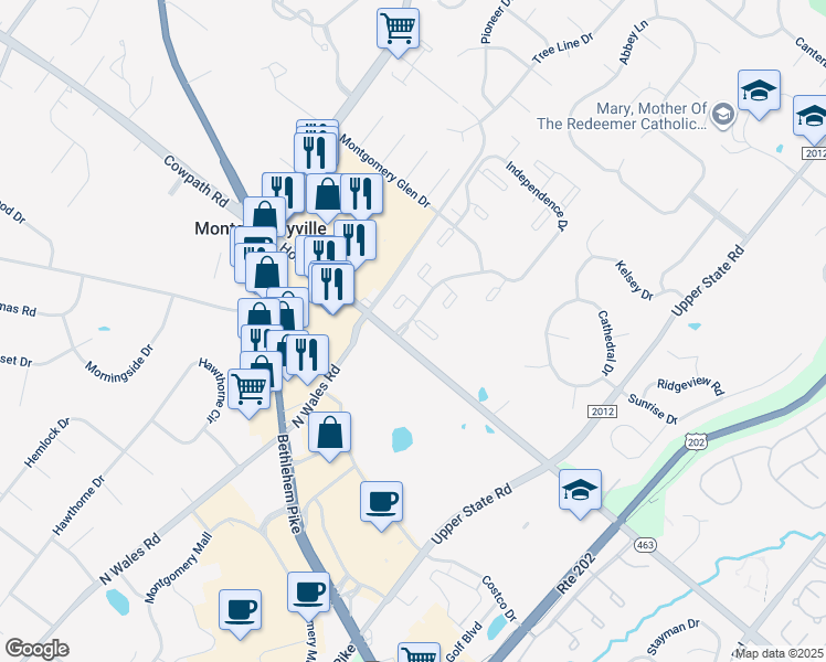 map of restaurants, bars, coffee shops, grocery stores, and more near 411 Franklin Court in North Wales