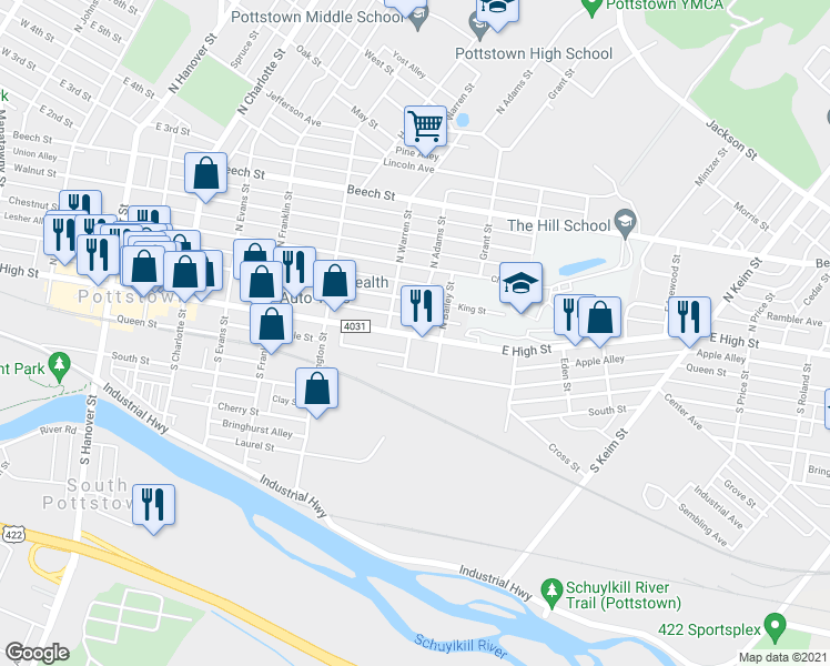 map of restaurants, bars, coffee shops, grocery stores, and more near 4 North Adams Street in Pottstown