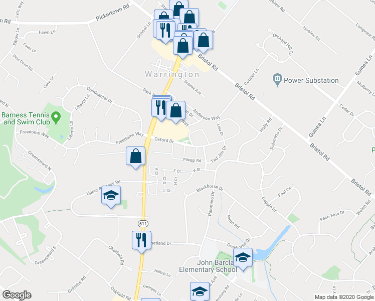 map of restaurants, bars, coffee shops, grocery stores, and more near 1213 Suzann Drive in Warrington