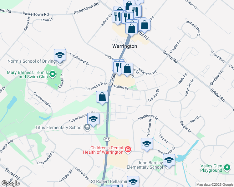 map of restaurants, bars, coffee shops, grocery stores, and more near 1116 Thomas Road in Warrington