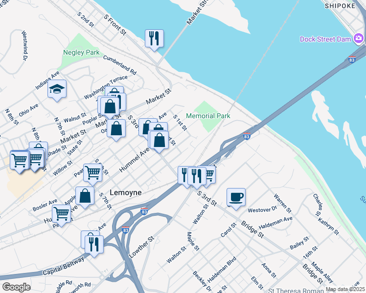 map of restaurants, bars, coffee shops, grocery stores, and more near 103 Herman Avenue in Lemoyne