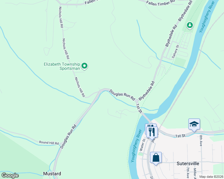 map of restaurants, bars, coffee shops, grocery stores, and more near 2260 Douglas Run Road in Sutersville