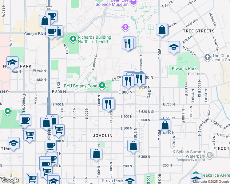 map of restaurants, bars, coffee shops, grocery stores, and more near 518 East 800 North in Provo