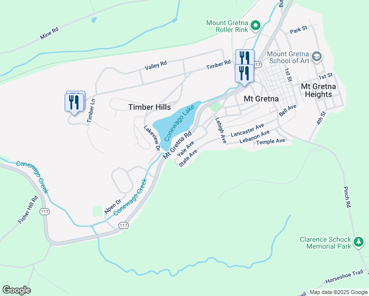 map of restaurants, bars, coffee shops, grocery stores, and more near 417 Yale Avenue in Mount Gretna