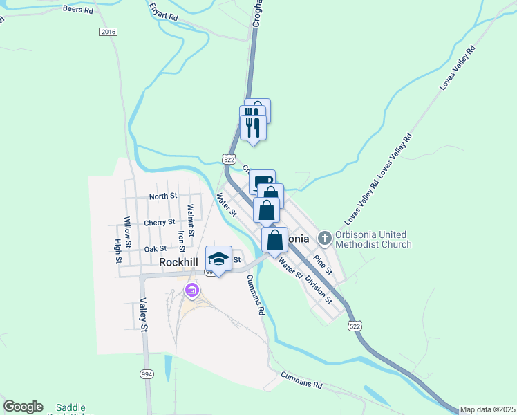 map of restaurants, bars, coffee shops, grocery stores, and more near Pine St in Orbisonia