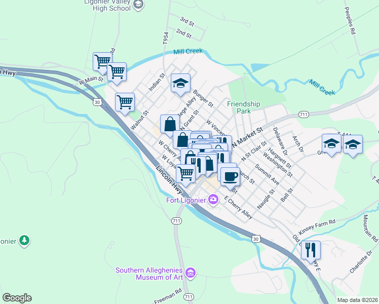 map of restaurants, bars, coffee shops, grocery stores, and more near 213 West Church Street in Ligonier