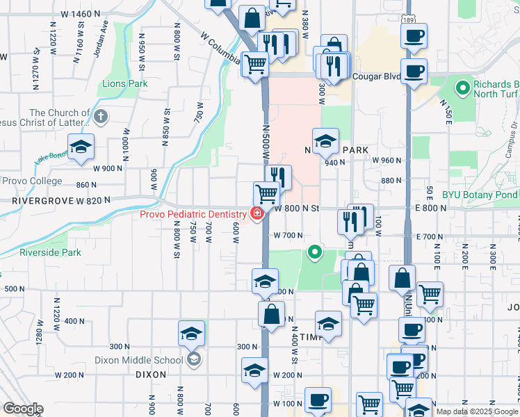 map of restaurants, bars, coffee shops, grocery stores, and more near 538 800 North in Provo