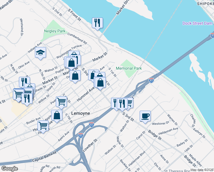 map of restaurants, bars, coffee shops, grocery stores, and more near 136 Hummel Avenue in Lemoyne