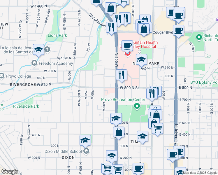 map of restaurants, bars, coffee shops, grocery stores, and more near 559 West 800 North Street in Provo