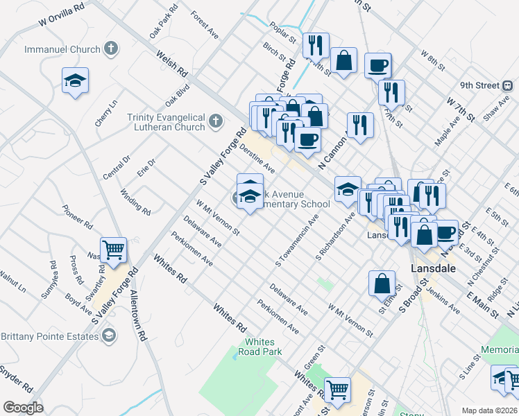 map of restaurants, bars, coffee shops, grocery stores, and more near 729 Columbia Avenue in Lansdale