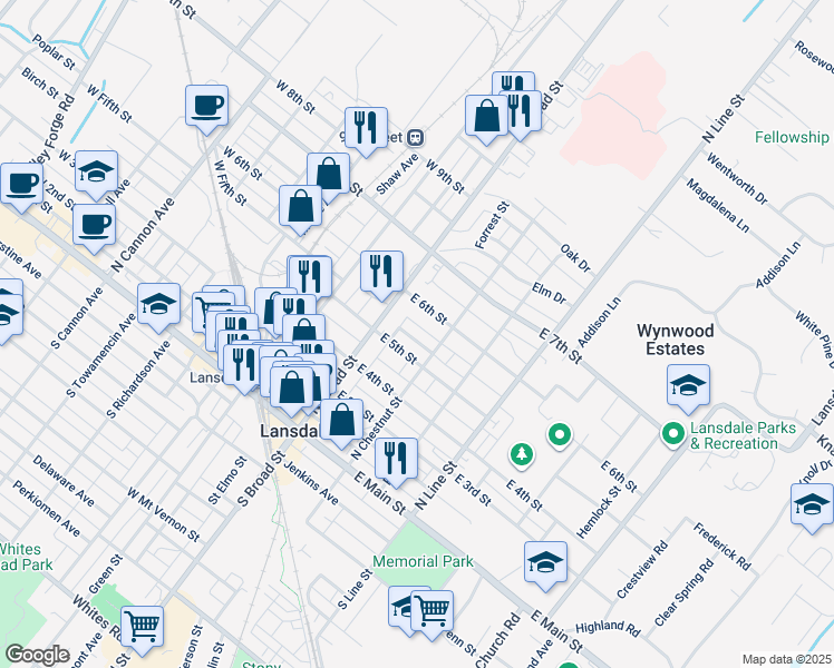 map of restaurants, bars, coffee shops, grocery stores, and more near 41 Fairview Avenue in Lansdale