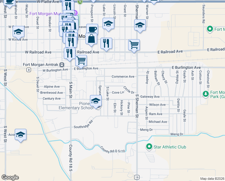 map of restaurants, bars, coffee shops, grocery stores, and more near 413 Cove Lane in Fort Morgan