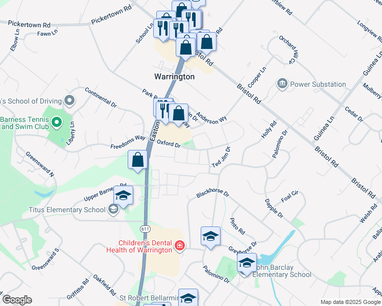 map of restaurants, bars, coffee shops, grocery stores, and more near 1111 Vincent Road in Warrington