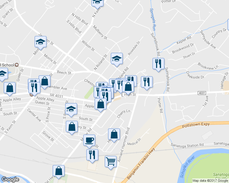 map of restaurants, bars, coffee shops, grocery stores, and more near 220 Highland Road in Pottstown