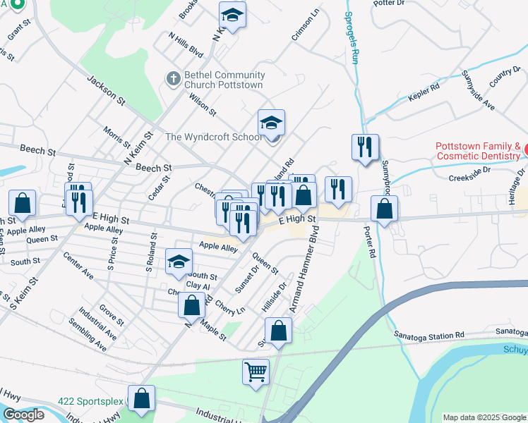 map of restaurants, bars, coffee shops, grocery stores, and more near 220 Highland Road in Pottstown
