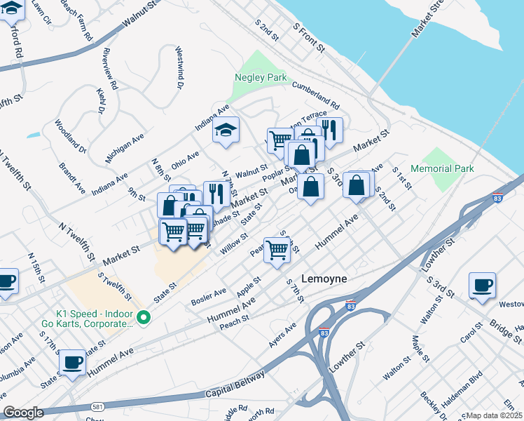 map of restaurants, bars, coffee shops, grocery stores, and more near 528 Donald Avenue in Lemoyne