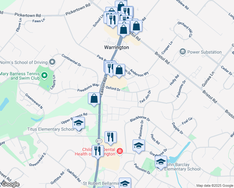 map of restaurants, bars, coffee shops, grocery stores, and more near 1116 Thomas Road in Warrington