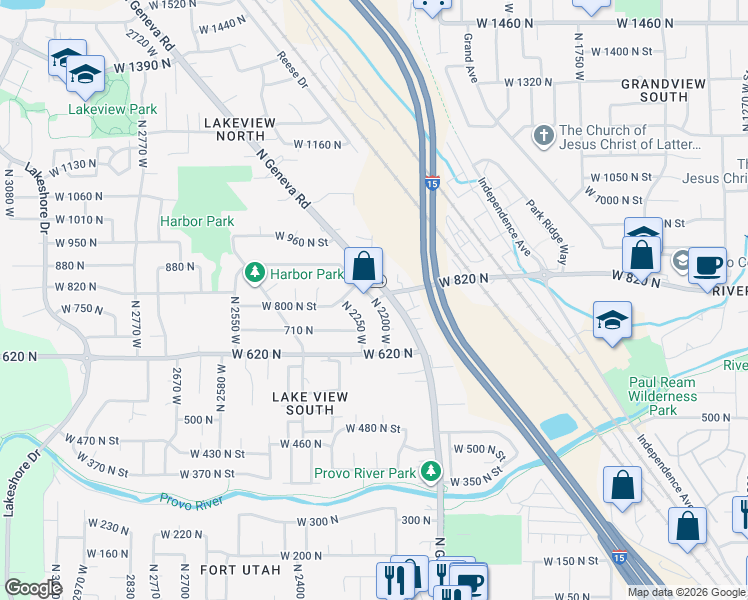 map of restaurants, bars, coffee shops, grocery stores, and more near 800 North 2200 West in Provo