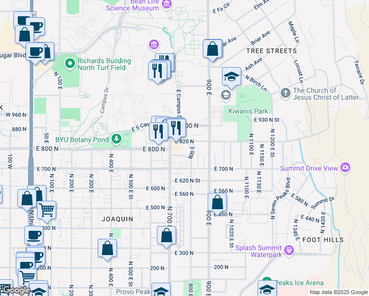 map of restaurants, bars, coffee shops, grocery stores, and more near 785 East 820 North in Provo
