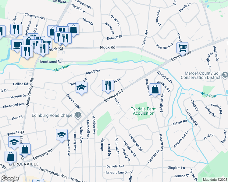 map of restaurants, bars, coffee shops, grocery stores, and more near 14 Guilford Lane in Hamilton Township