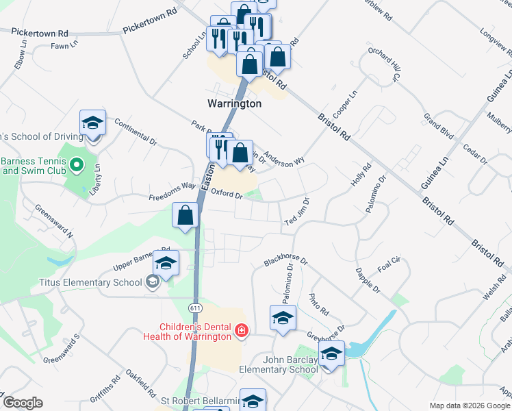map of restaurants, bars, coffee shops, grocery stores, and more near 1213 Suzann Drive in Warrington