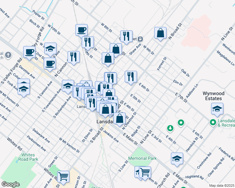 map of restaurants, bars, coffee shops, grocery stores, and more near 30 West 5th Street in Lansdale