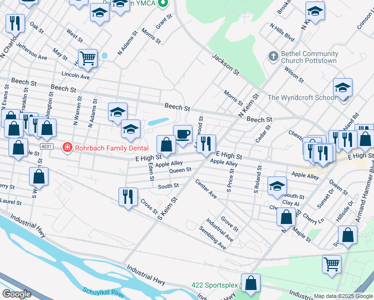 map of restaurants, bars, coffee shops, grocery stores, and more near 936 Chestnut Street in Pottstown