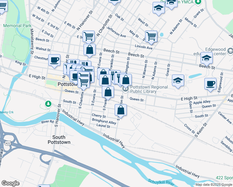 map of restaurants, bars, coffee shops, grocery stores, and more near 423 East High Street in Pottstown