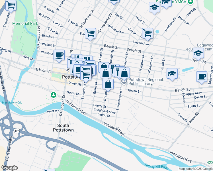 map of restaurants, bars, coffee shops, grocery stores, and more near 364 East High Street in Pottstown