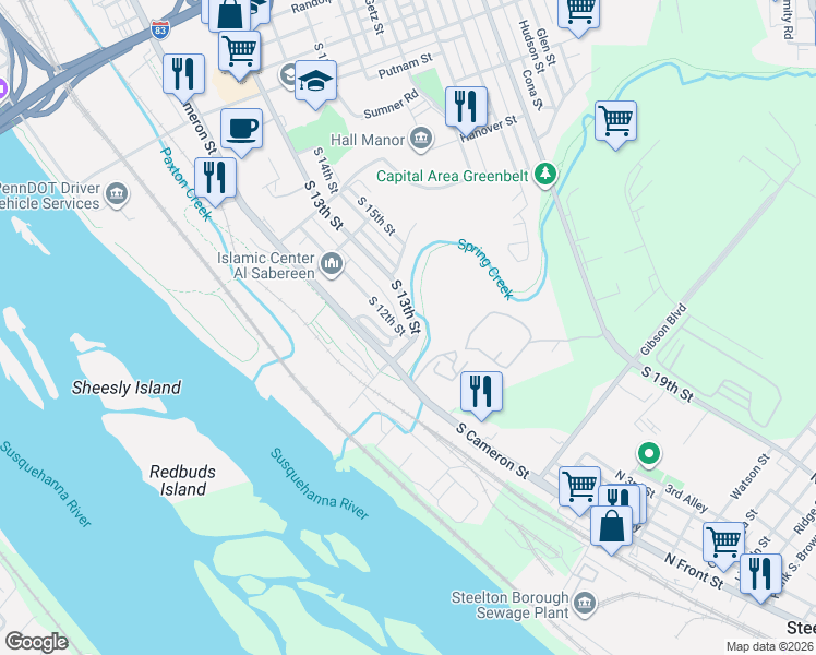 map of restaurants, bars, coffee shops, grocery stores, and more near 1516 South 13th Street in Harrisburg