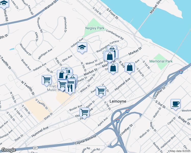 map of restaurants, bars, coffee shops, grocery stores, and more near 528 Donald Avenue in Lemoyne