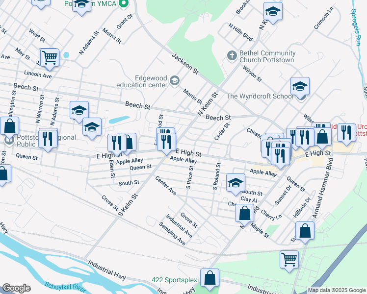 map of restaurants, bars, coffee shops, grocery stores, and more near 1006 Rambler Avenue in Pottstown
