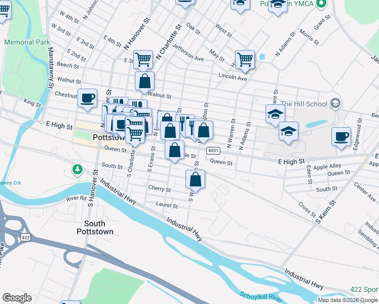 map of restaurants, bars, coffee shops, grocery stores, and more near 423 East High Street in Pottstown